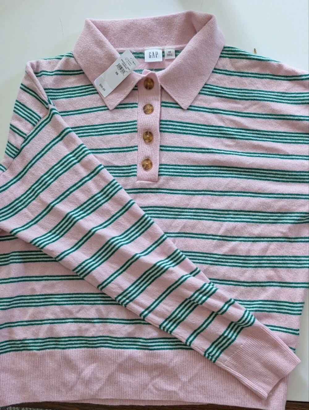 Pink & Green Striped Women's Knit Top with Button Detail